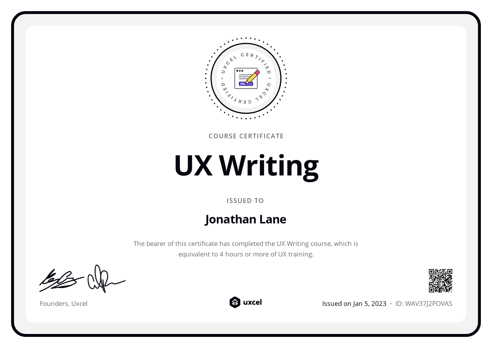 Jonathan Lane's certificate